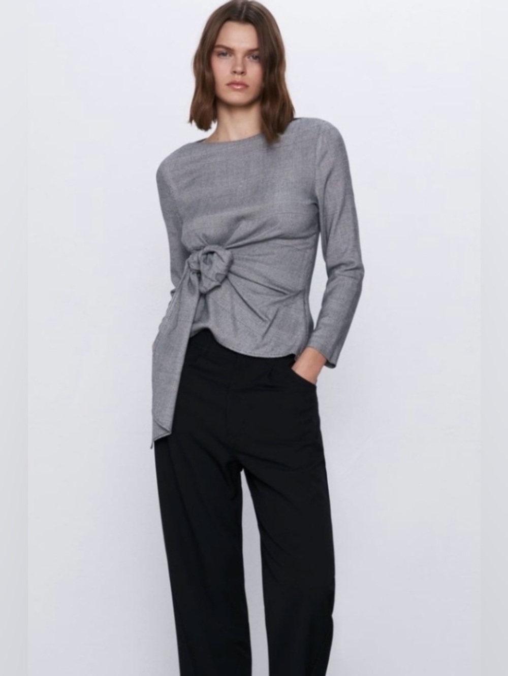 Zara Black & White Micro Houndstooths Tie-Front Long Sleeve Women's Top